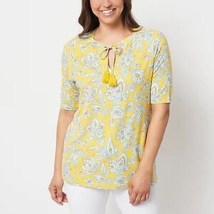 Isaac Mizrahi Live! Tassels and Elbow Sleeves Printed Ponte Top
